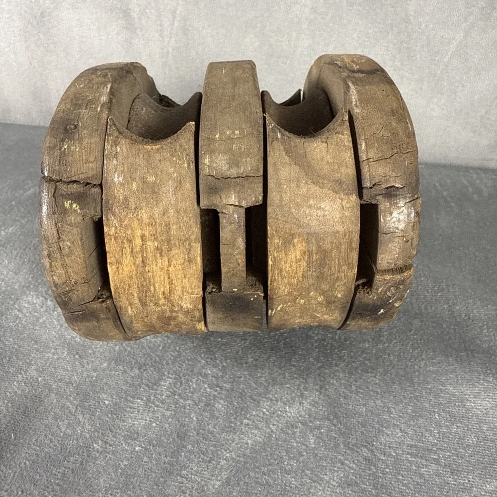 Antique Vintage DOUBLE BLOCK & Tackle Pulley‎ Hook Wood Primitive